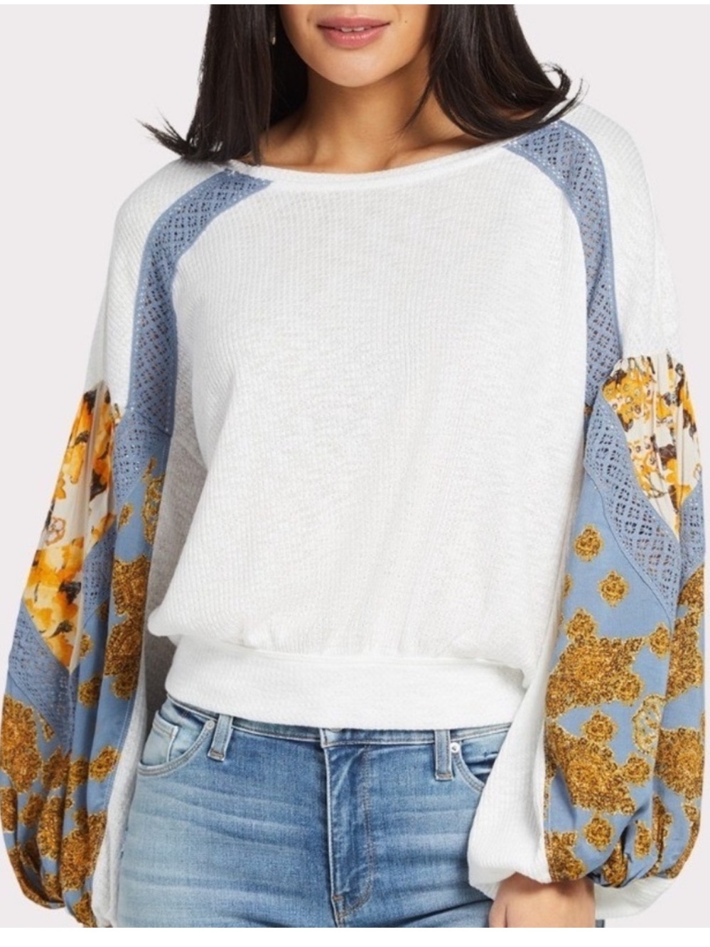 Free People Casual Clash Top Patchwork Balloon Sleeve
